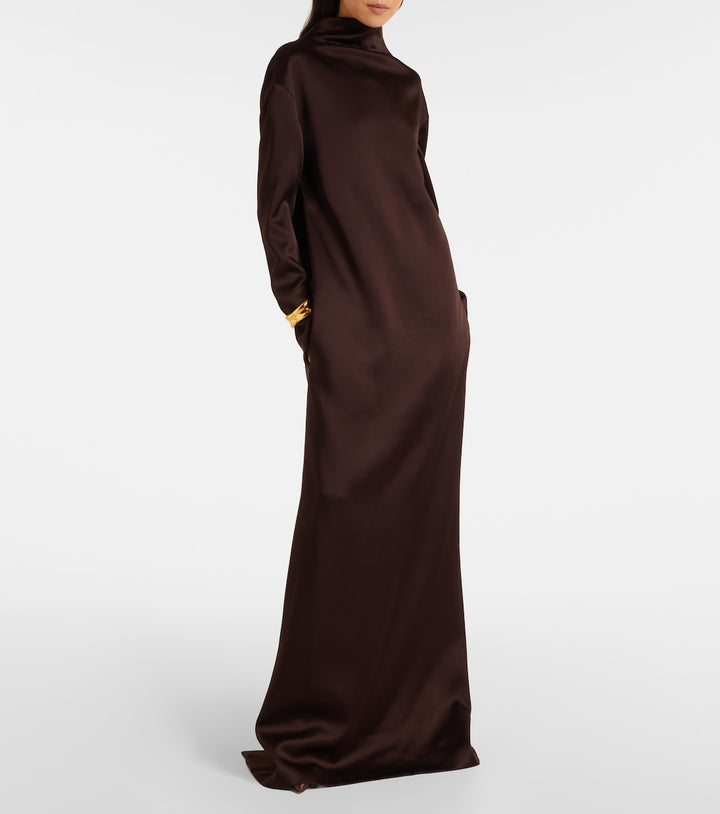 High-neck satin column gown with long sleeves – VERDANA