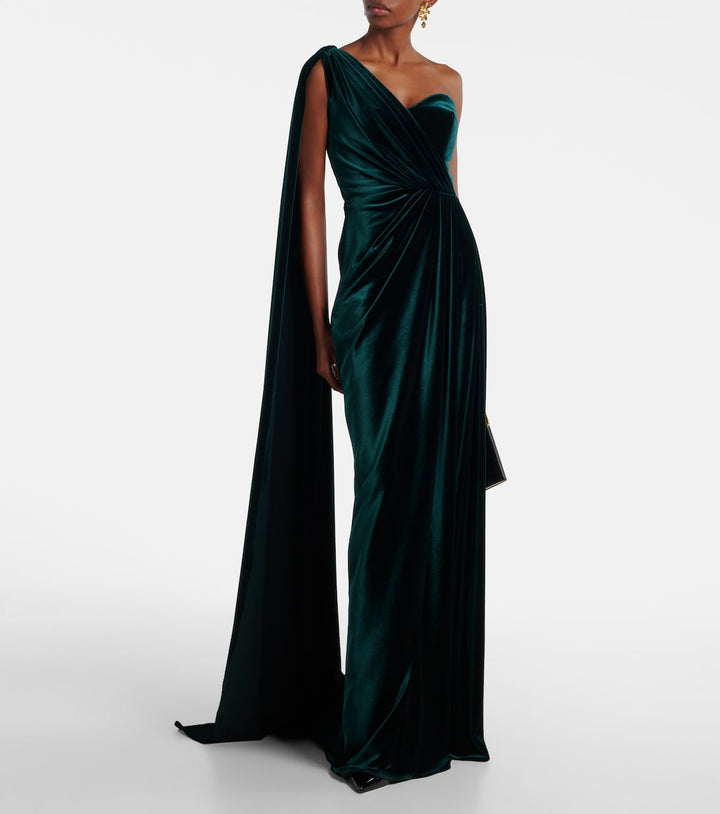 One-shoulder velvet gown with draped cape – EMERALDA
