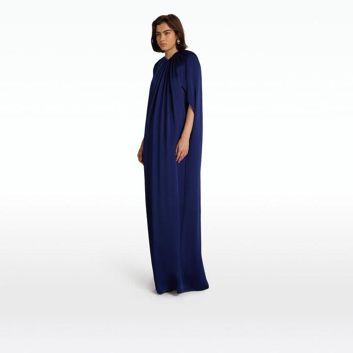 High-neck cape sleeve satin gown – CELESTE