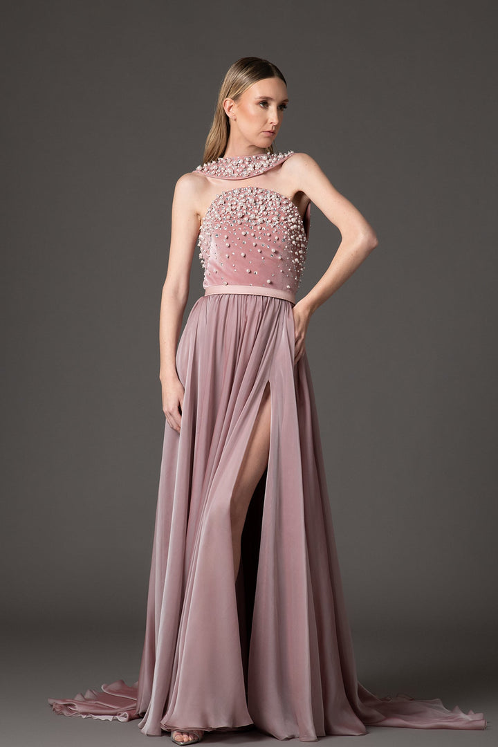 pearl-embellished chiffon evening gown with high slit – SERAPHINE