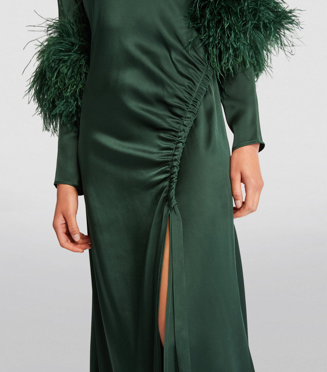 satin gown with feather cuffs and ruched slit – EMERALD FLAIR