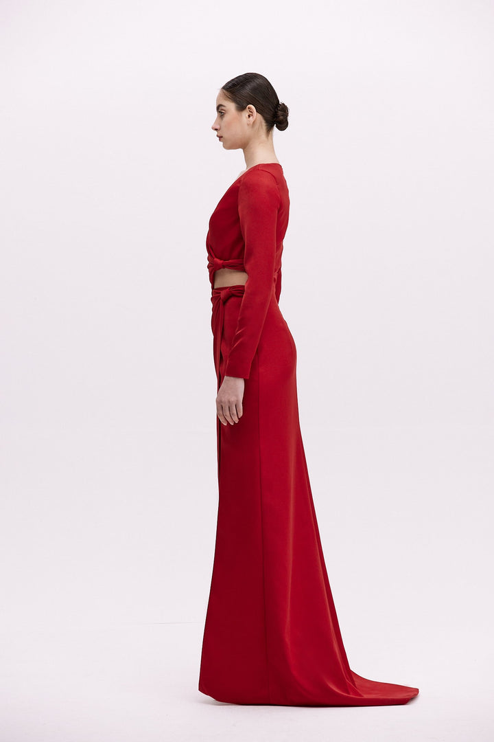 Wrap-front satin gown with waist twist and slit – RUBINA