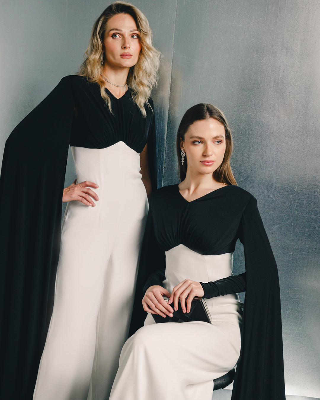 two-tone column gown with sheer draped sleeves – NOIRELLE