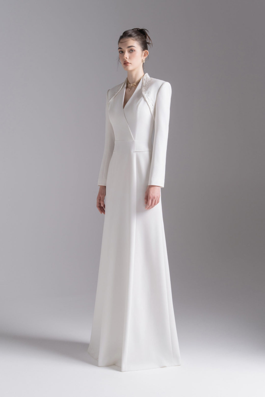 tailored long-sleeve gown with structured shoulders – ESMÉE