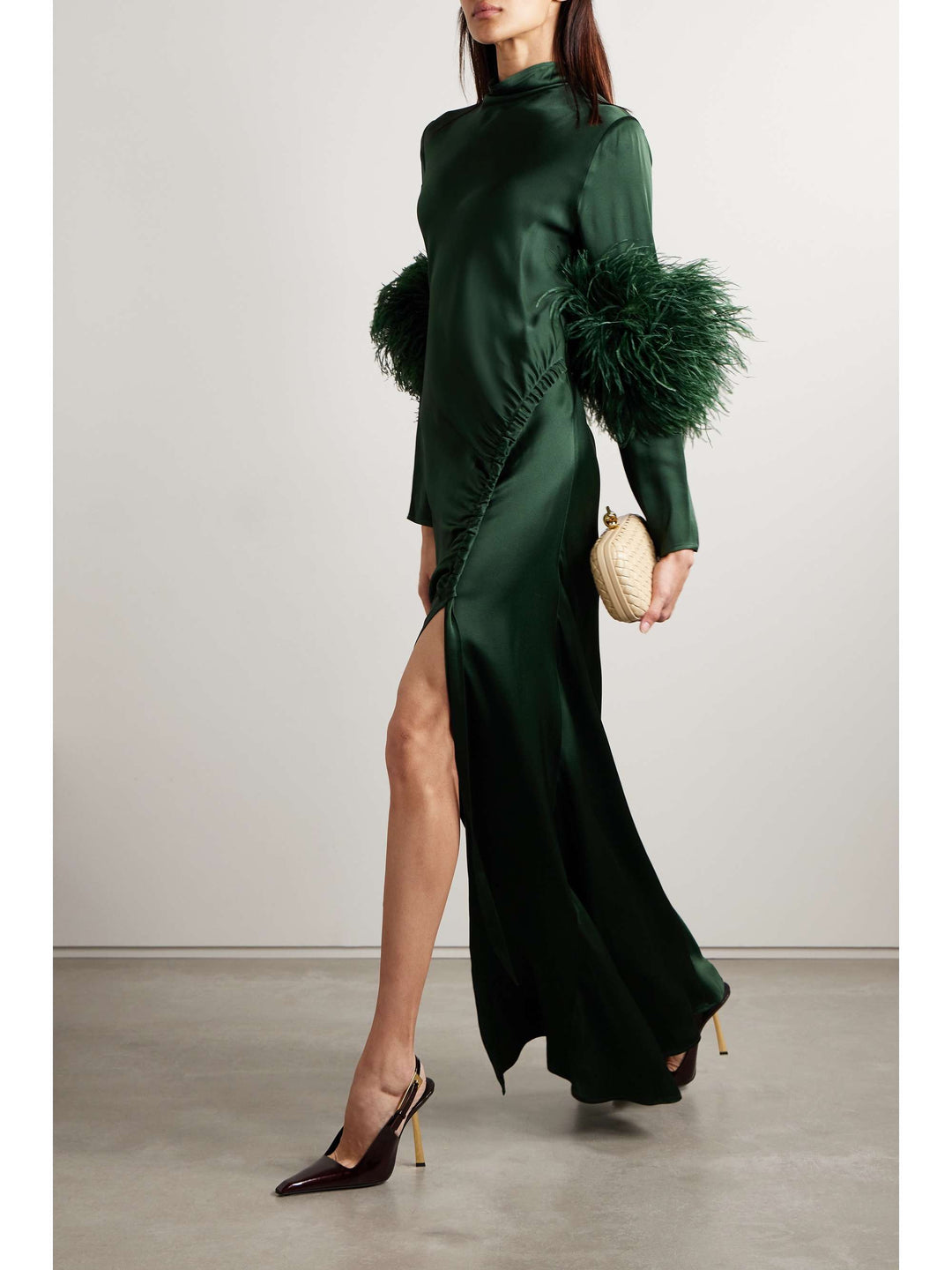 satin gown with feather cuffs and ruched slit – EMERALD FLAIR