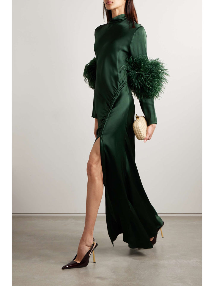 satin gown with feather cuffs and ruched slit – EMERALD FLAIR