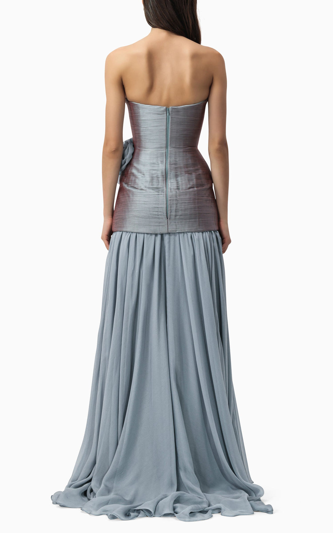 فستان أومبري بدون حمالات مع تفاصيل زهرية على الخصر – أورورا