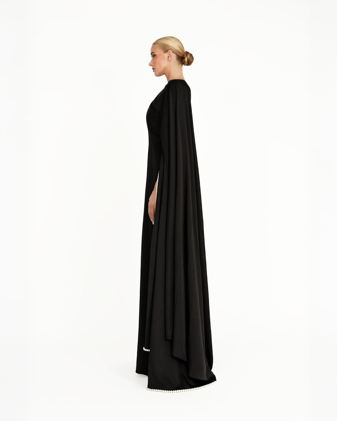 cape-sleeve column gown with pearl trim – NOIRELLE