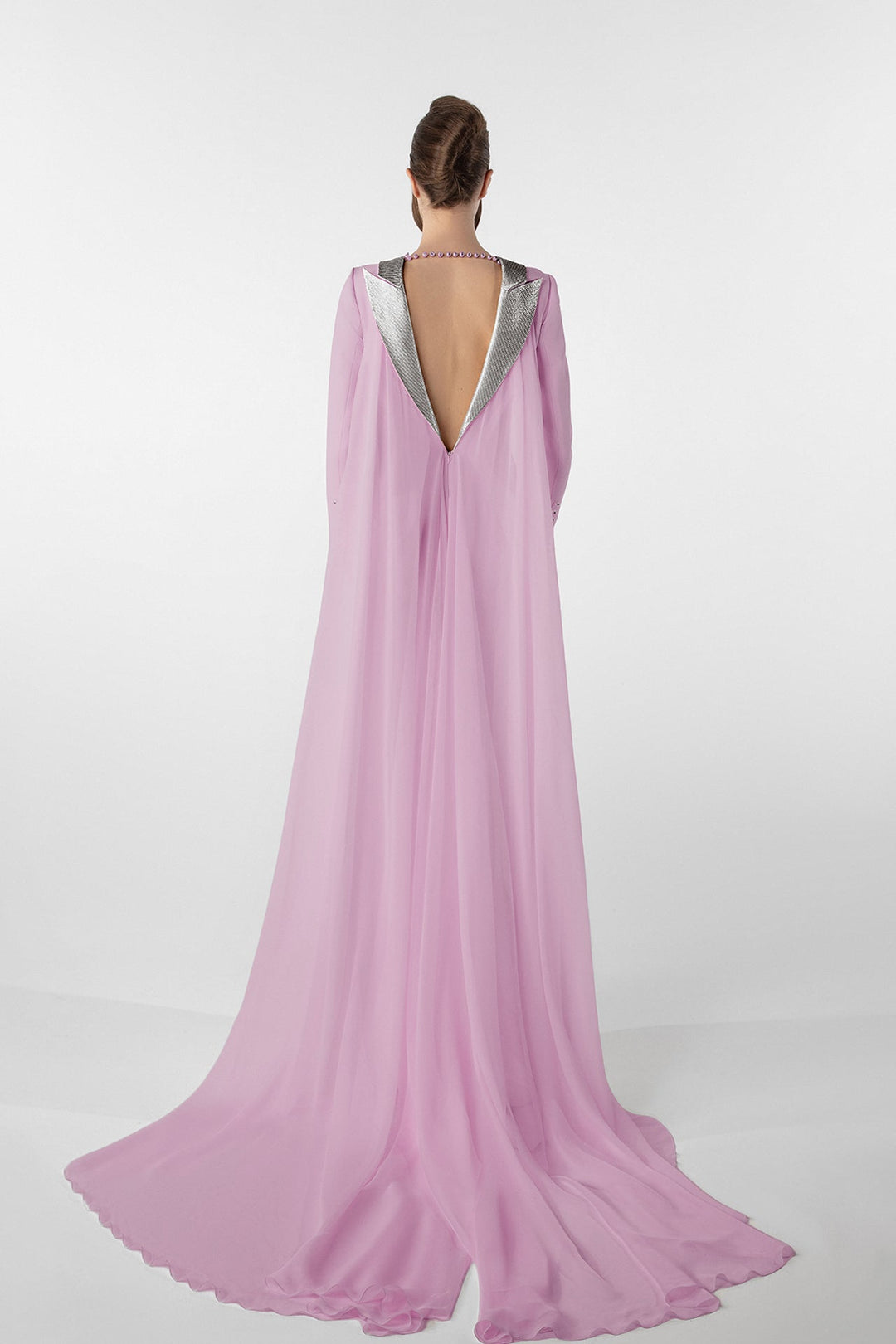 long-sleeve column gown with pearl button front – AURELIA