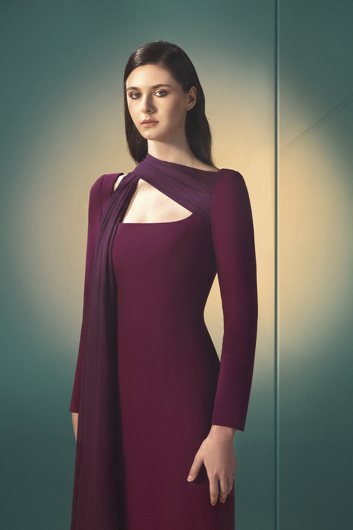 asymmetric cutout column gown with draped scarf – VELVETTA