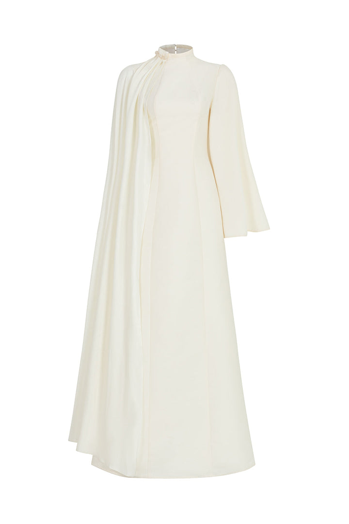 high-neck column gown with draped cape sleeve – ESME