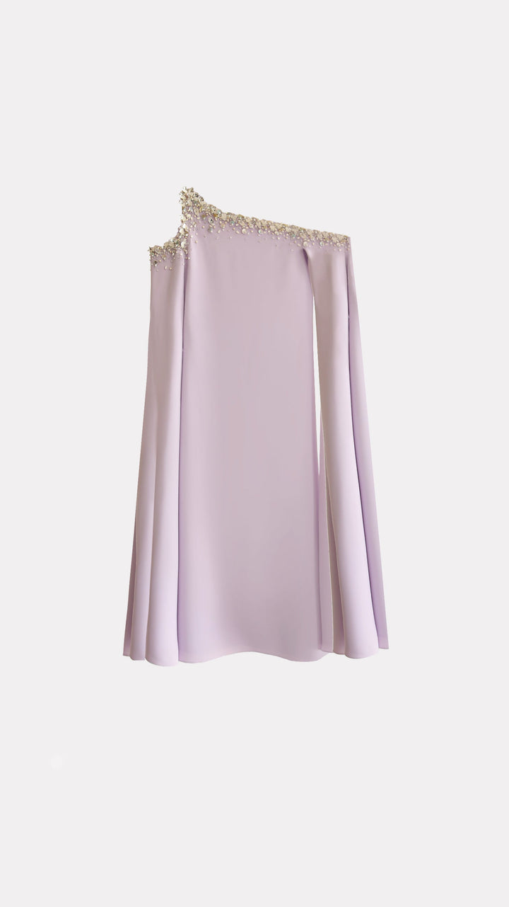 Cold-Shoulder Cape Maxi Dress with Floral Embellished Neckline – ELARA