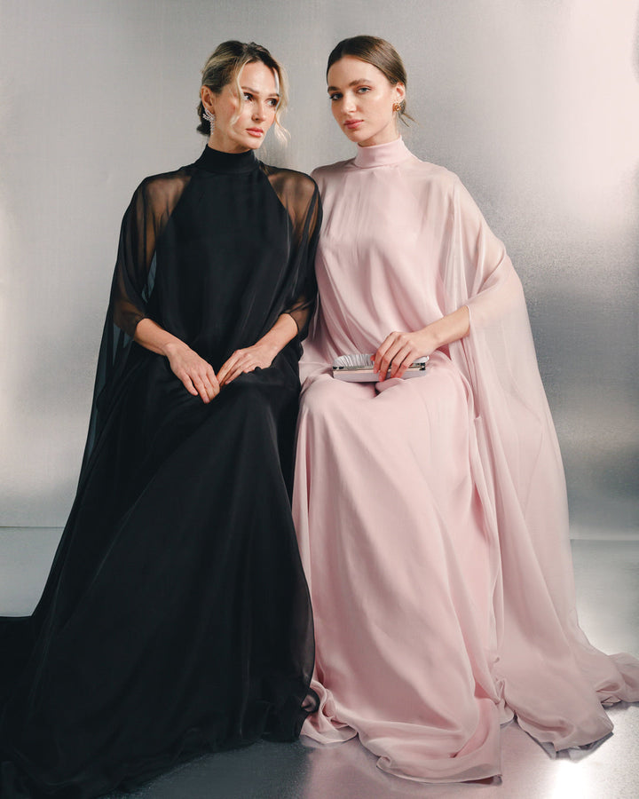 sheer cape maxi gown with high neckline – BLUSH
