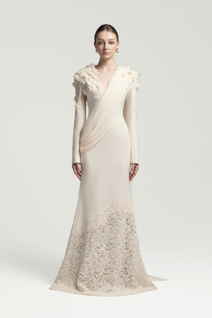 draped lace-embellished gown with floral shoulders – ELARIS