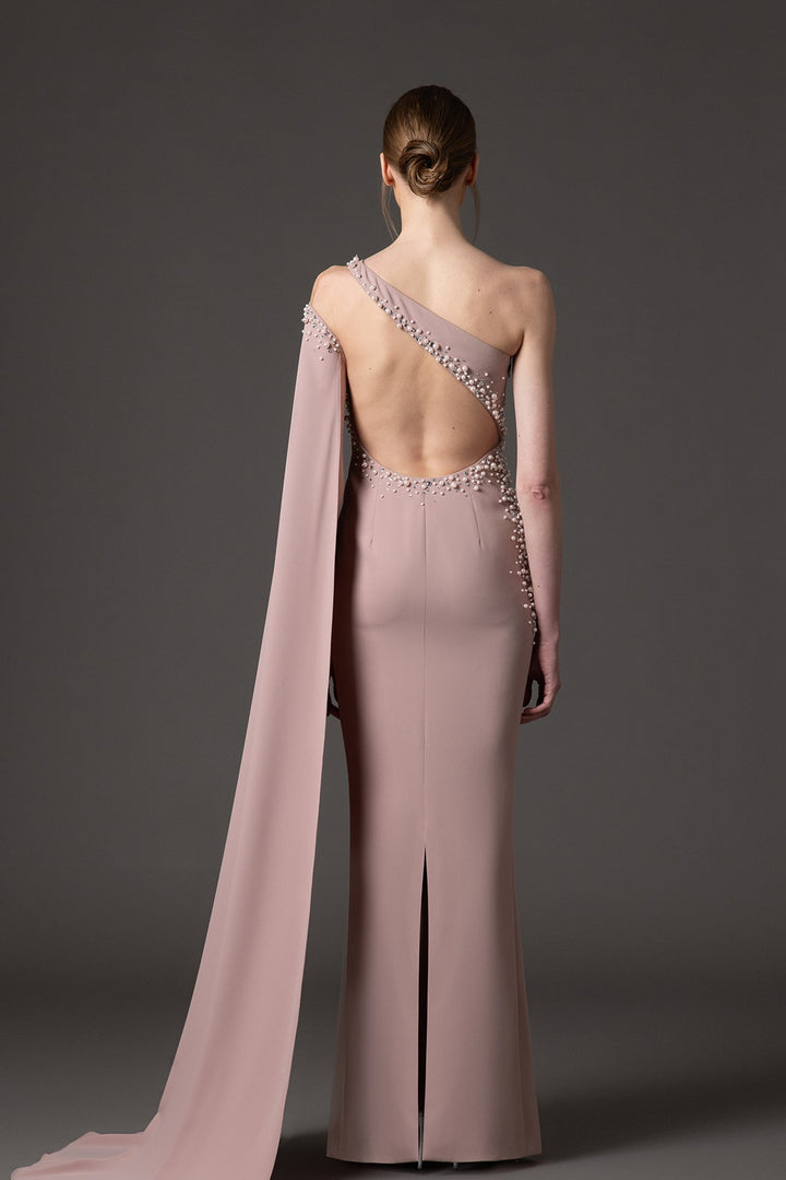 one-shoulder pearl-embellished column gown with draped cape – AURELIS