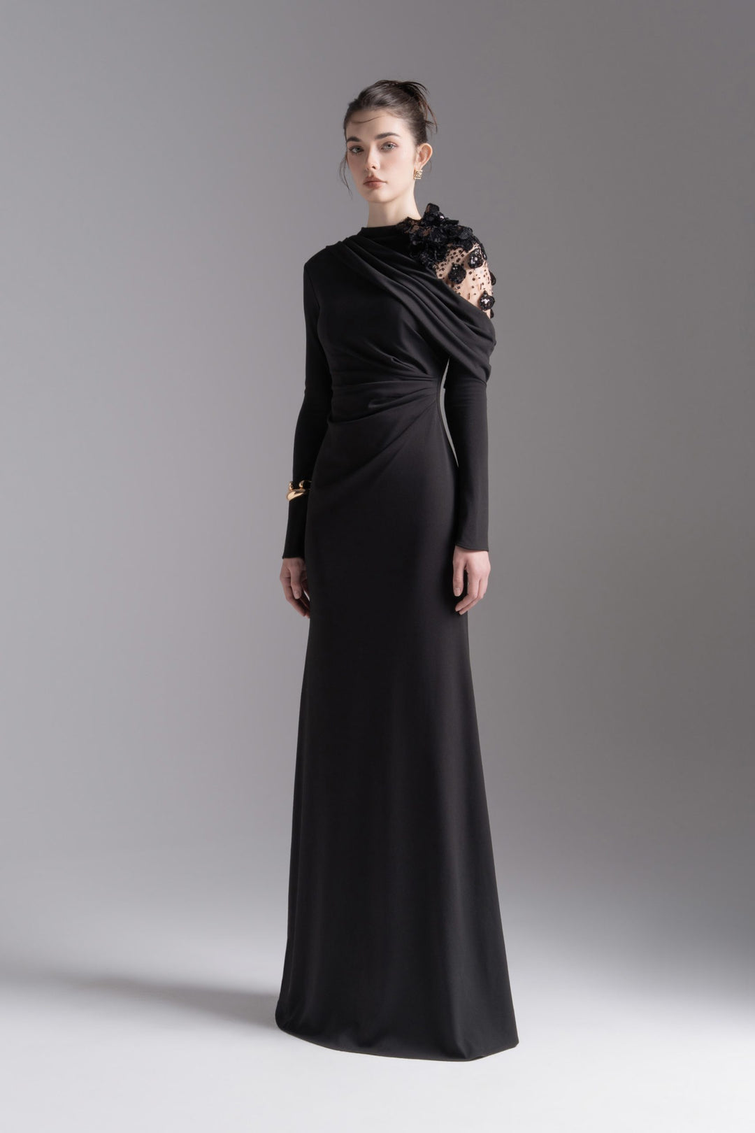 فستان مزين غير متماثل على الكتف – موسيقى ليلية