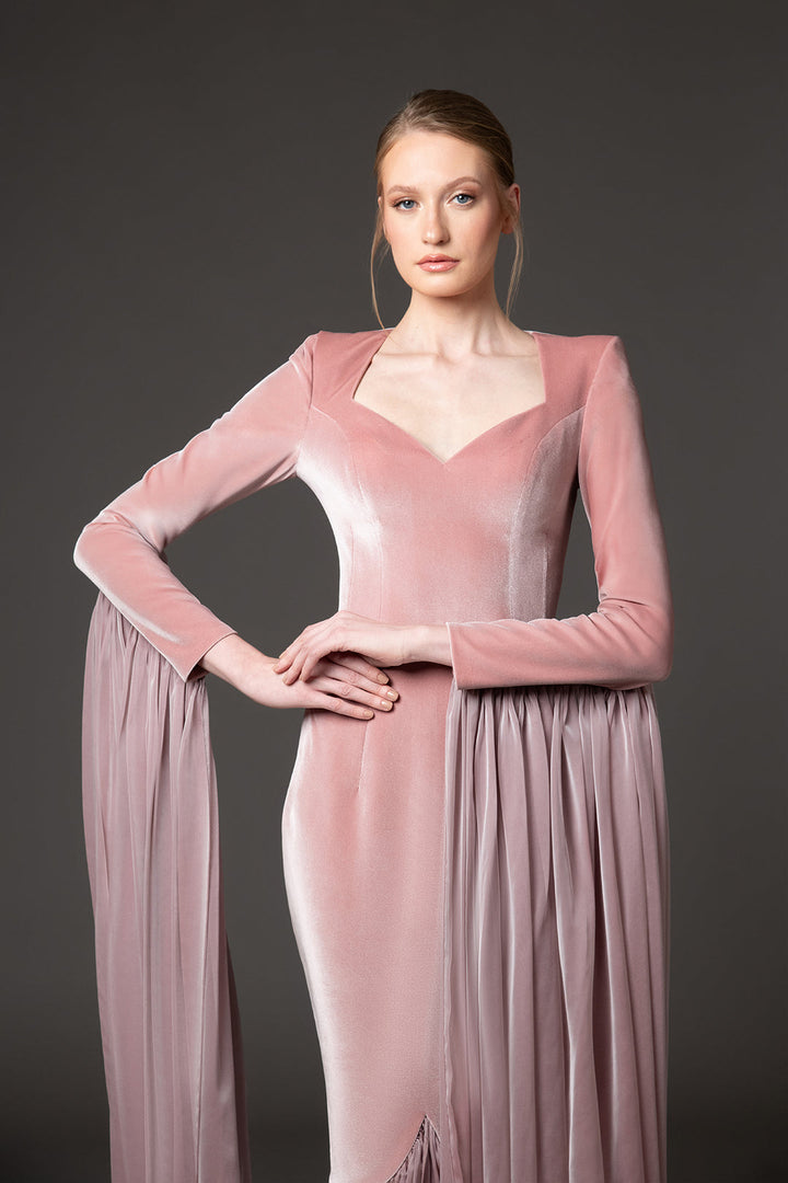 velvet evening gown with dramatic chiffon draped sleeves – ELARA