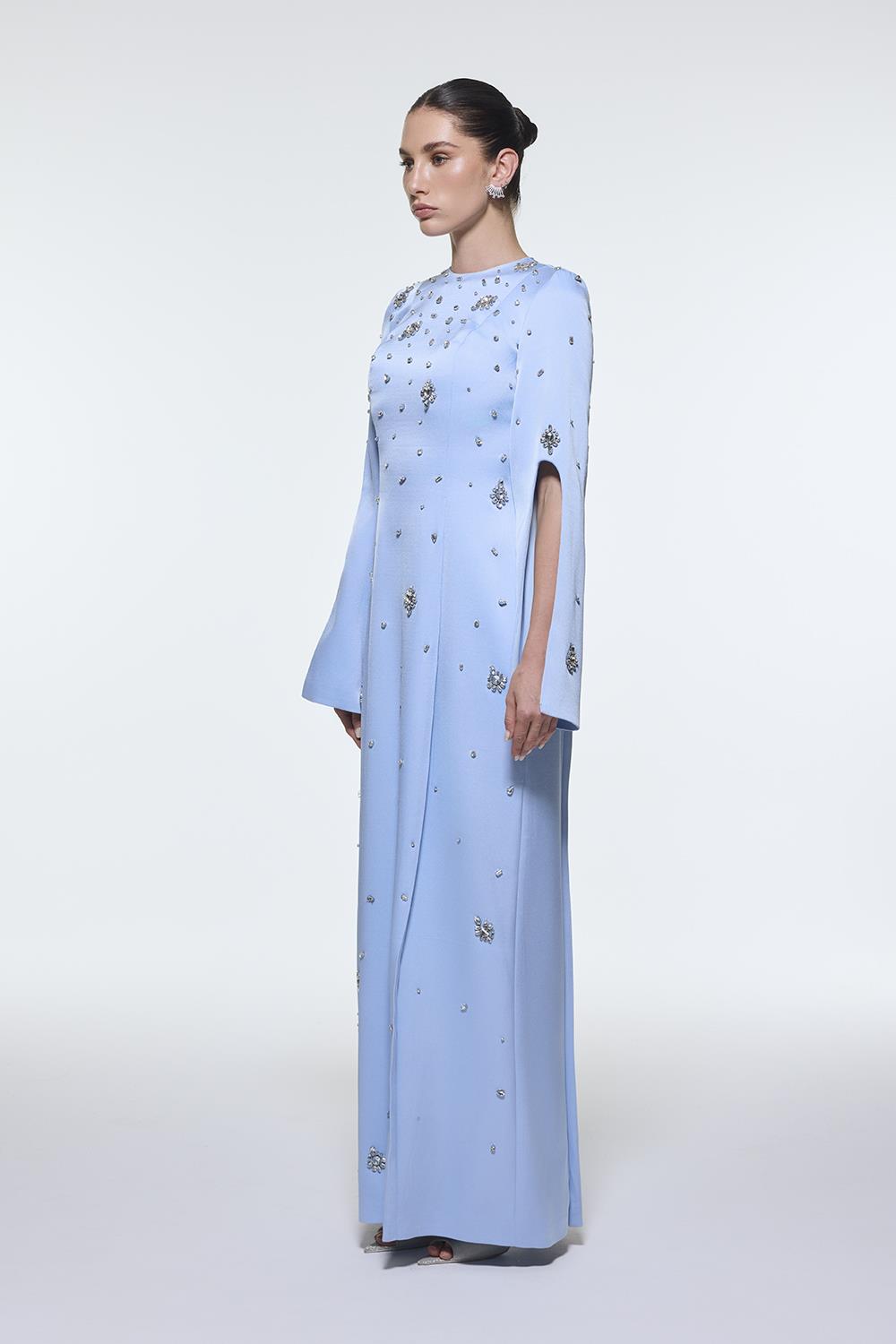 long-sleeve column gown with scattered crystal embellishments – NOIRÉ