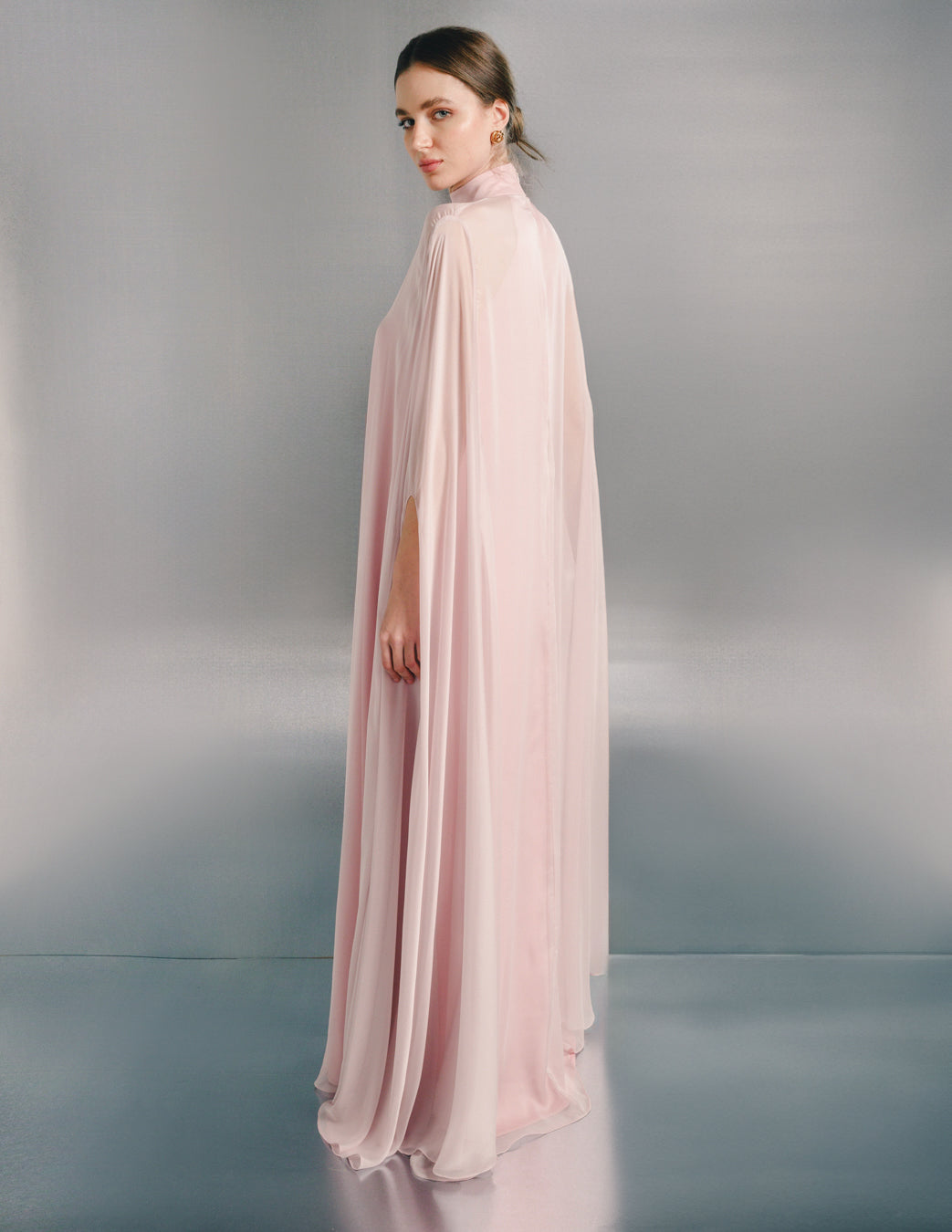sheer cape maxi gown with high neckline – BLUSH