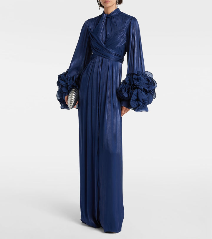pleated satin gown with floral cuff sleeves – AZURE
