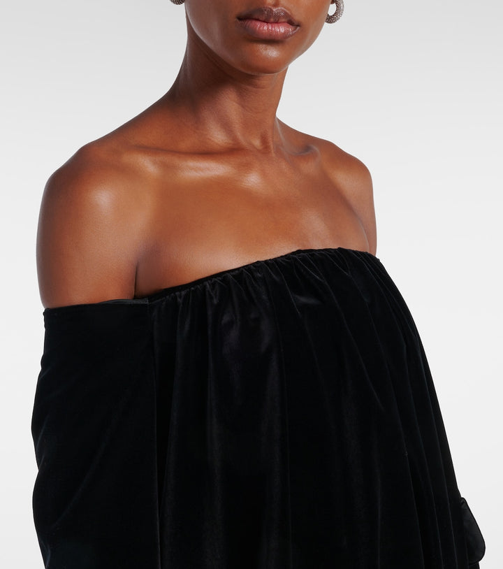 Off-shoulder velvet column gown with long sleeves – NOIRELLE
