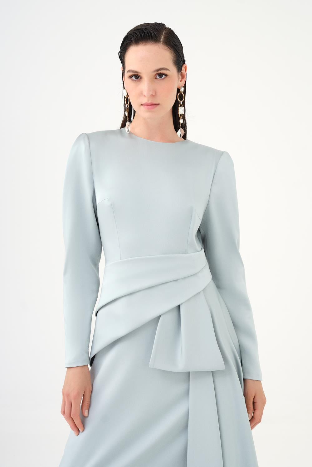 long-sleeve draped waist evening gown – ROSÉVA