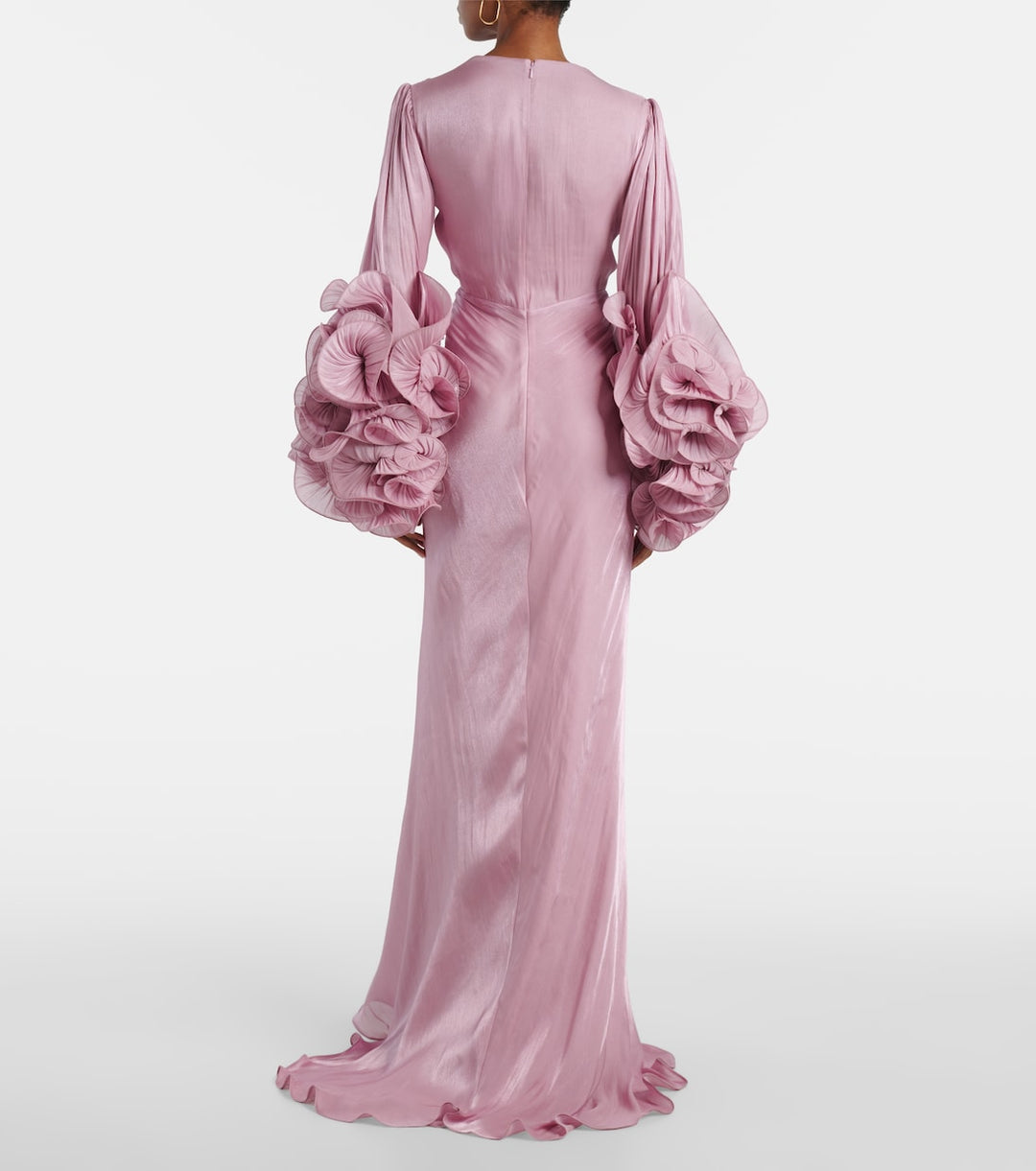 ruched satin gown with ruffled sleeves – EMERALD