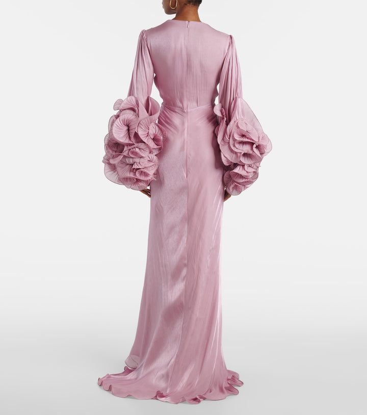 ruched satin gown with ruffled sleeves – EMERALD