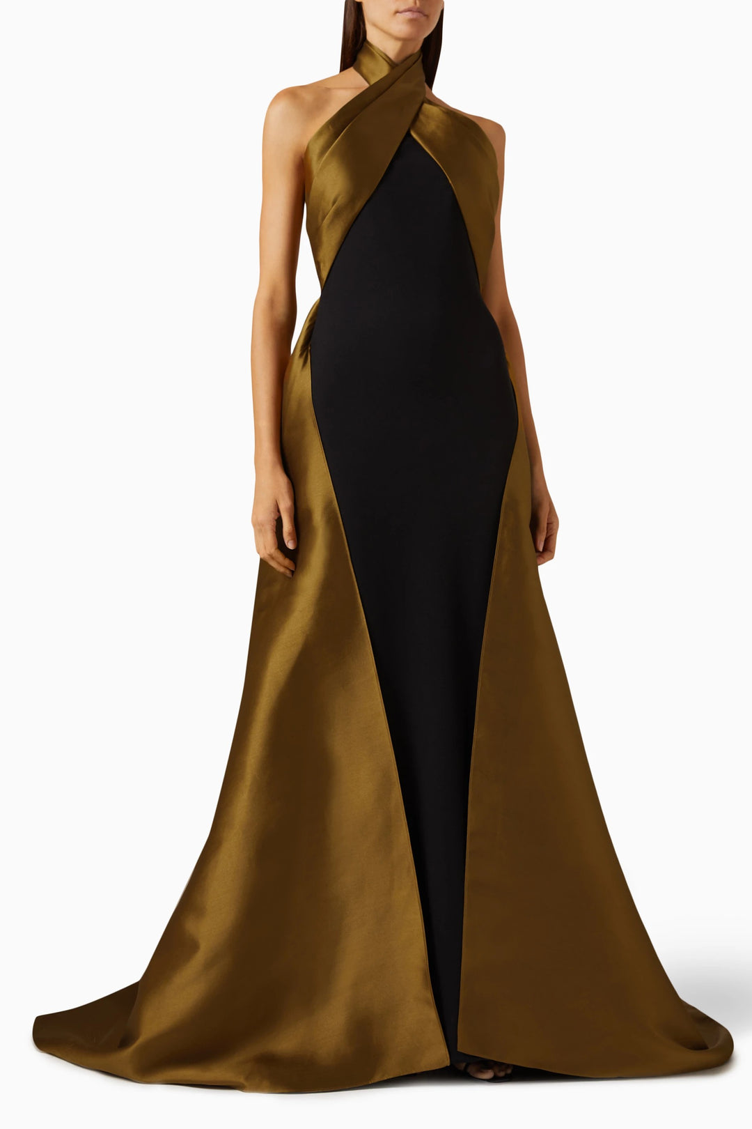 فستان ساتان بفتحة رقبة على شكل حرف V مع طبقة خارجية منسدلة – القرمزي