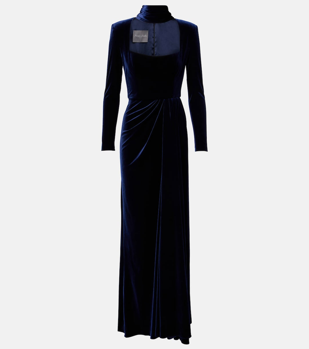 Long-sleeve velvet gown with square neckline and draped waist – NOCTURNE