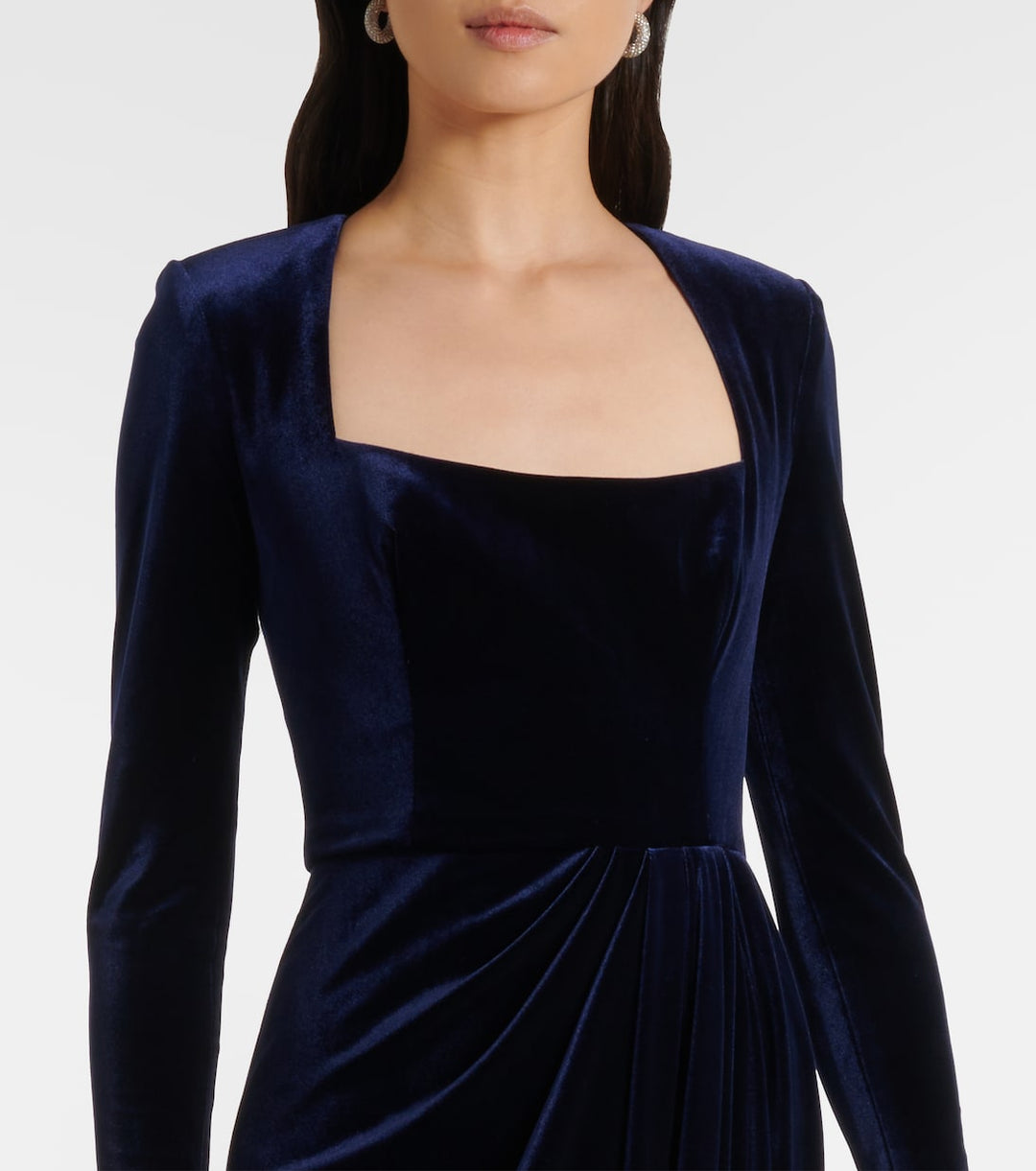Long-sleeve velvet gown with square neckline and draped waist – NOCTURNE