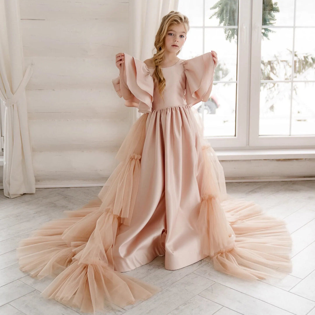 Tiered Tulle Train Dress with Flutter Sleeves – AURÉLIA
