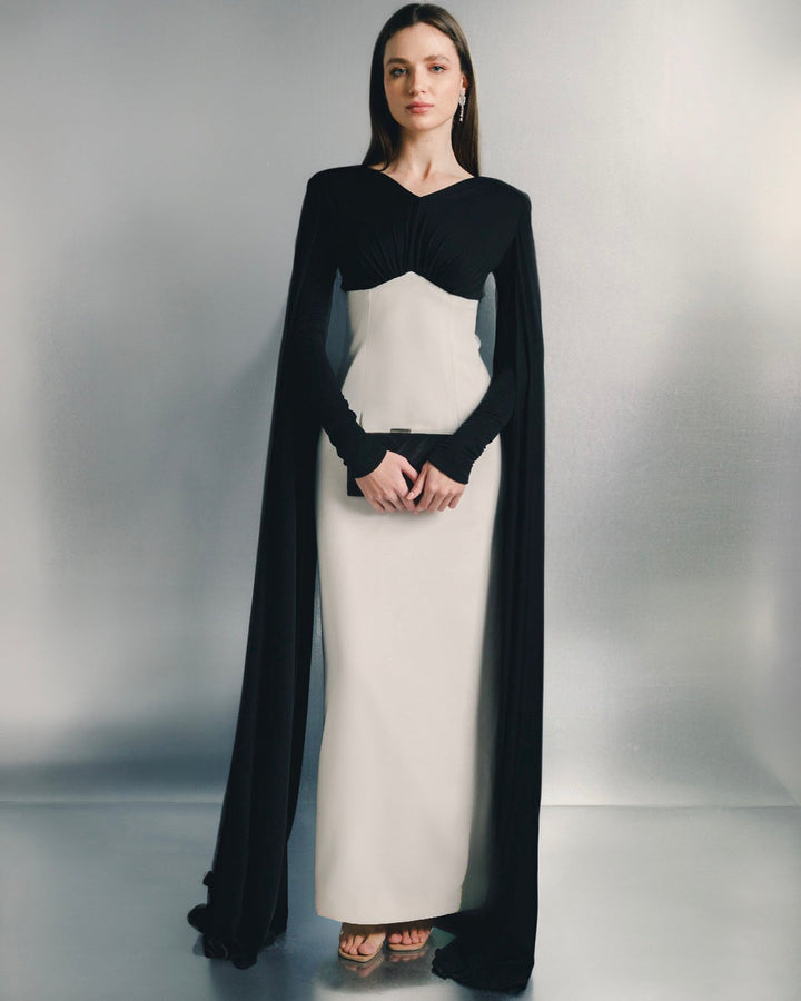 two-tone column gown with sheer draped sleeves – NOIRELLE