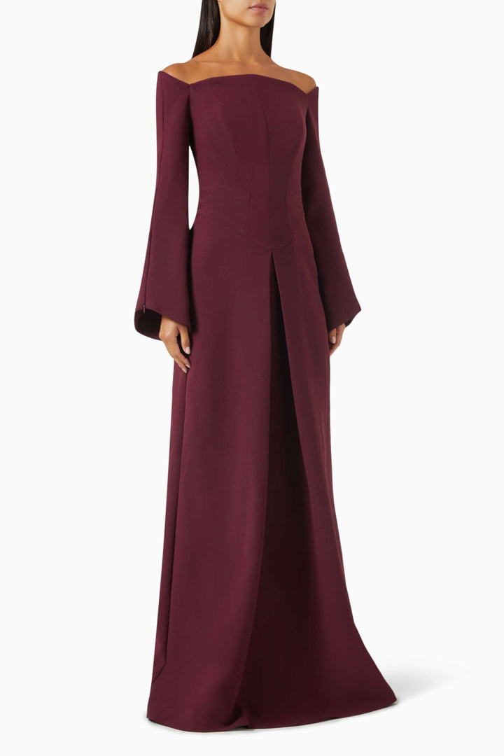 off-shoulder gown with flared sleeves – MERLOT