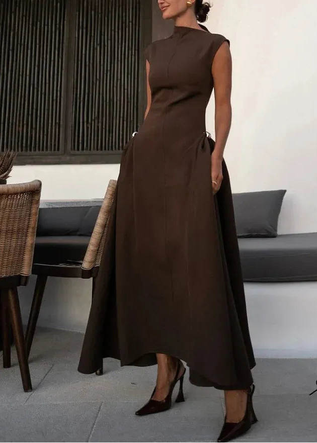 high-neck sculpted maxi dress with structured silhouette – SERENE