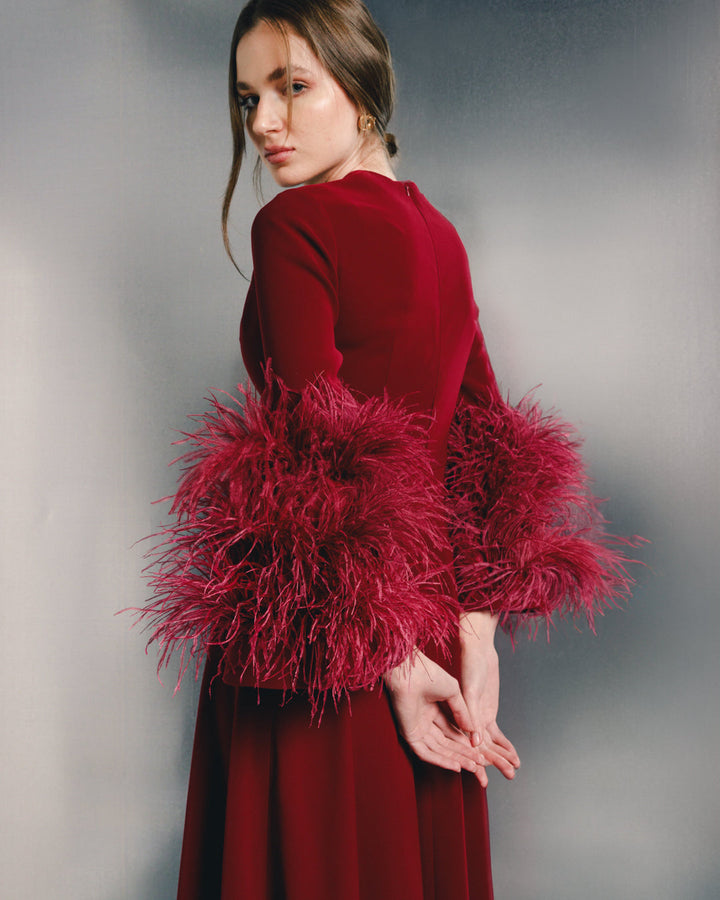 long-sleeve evening gown with feather cuffs – SCARLETT