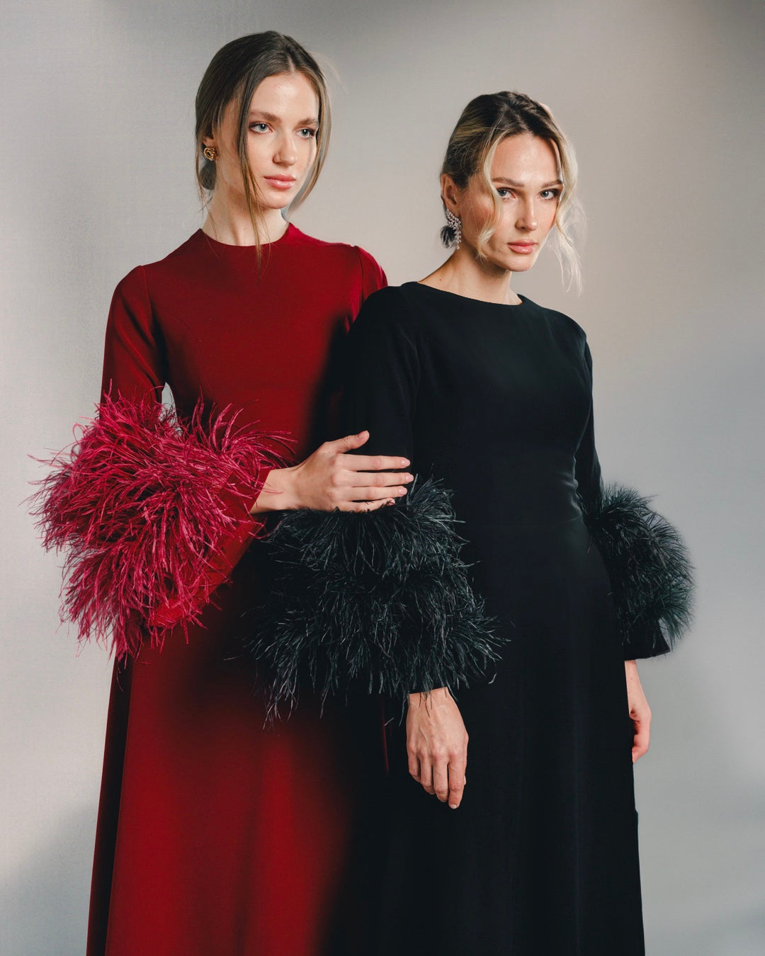 long-sleeve evening gown with feather cuffs – SCARLETT