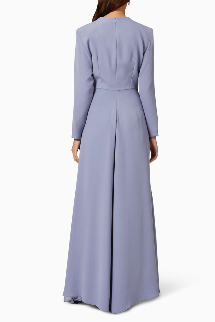 long-sleeve gown with embellished illusion neckline & draped sash – RHEA