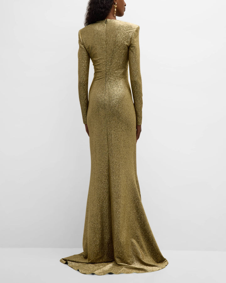 metallic long-sleeve gown with flared hem – AURORA