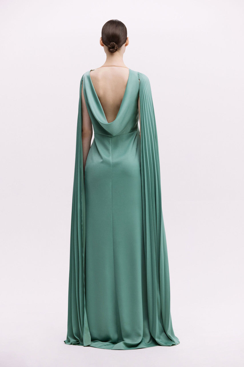 Sleeveless cape evening gown with front slit – AURELIA