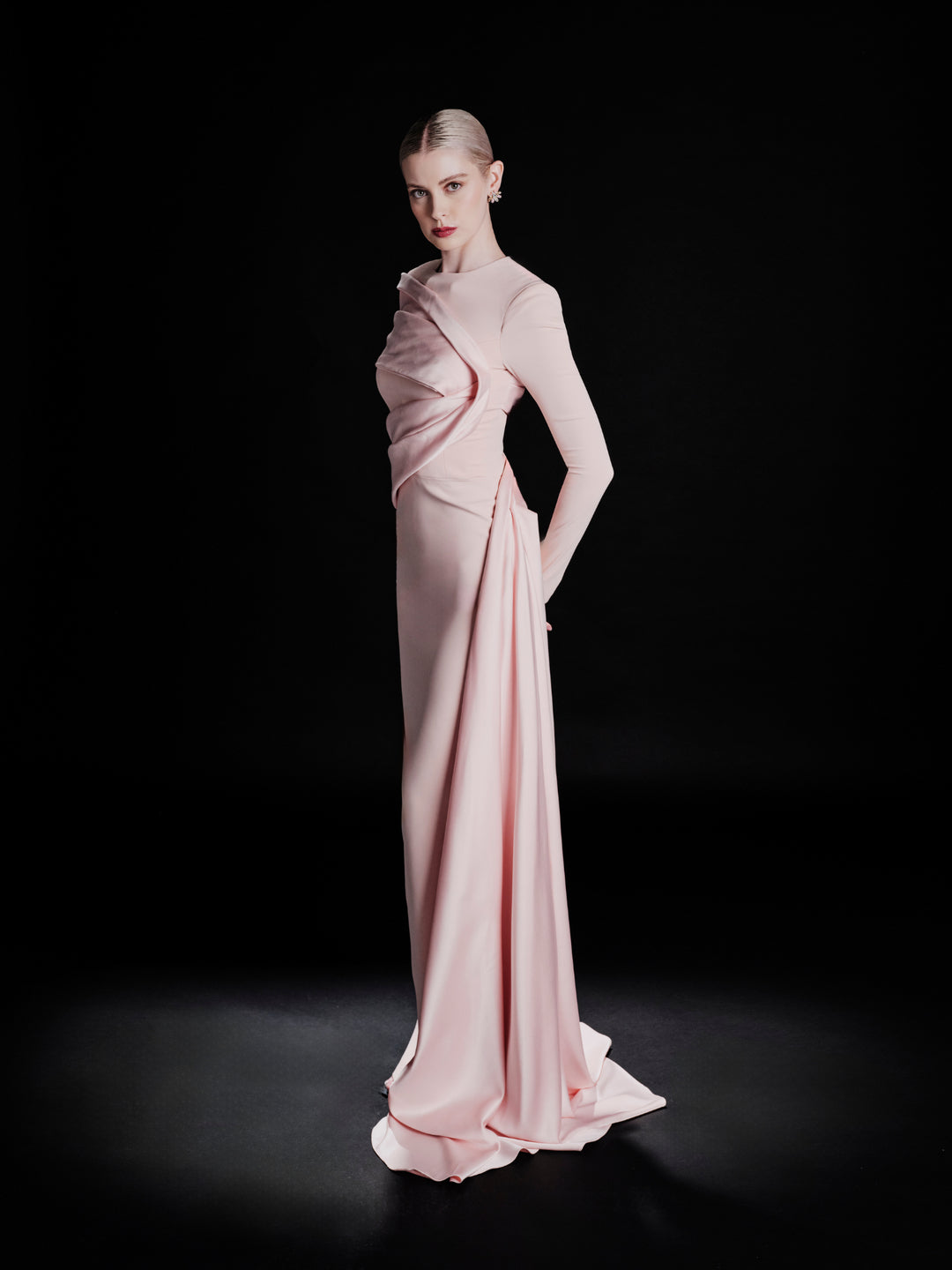 long-sleeve draped column evening gown – RUBINA