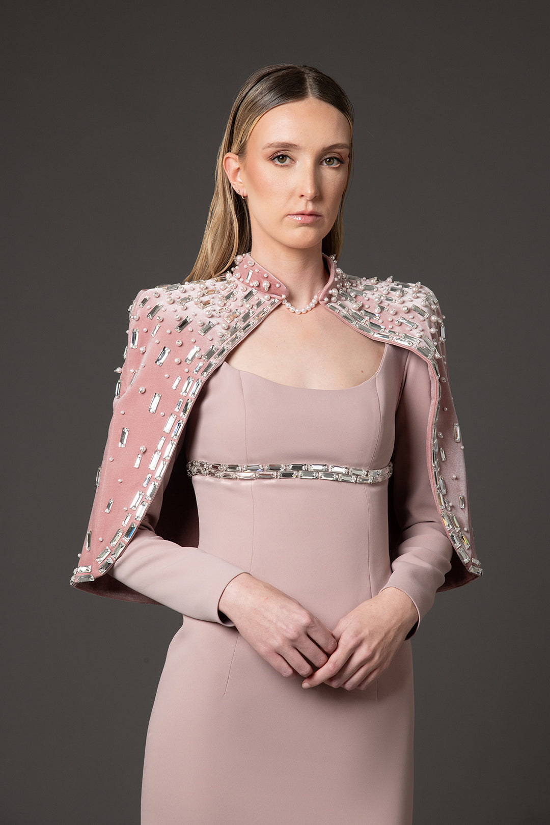 column evening gown with crystal-embellished cape – CELESTIA