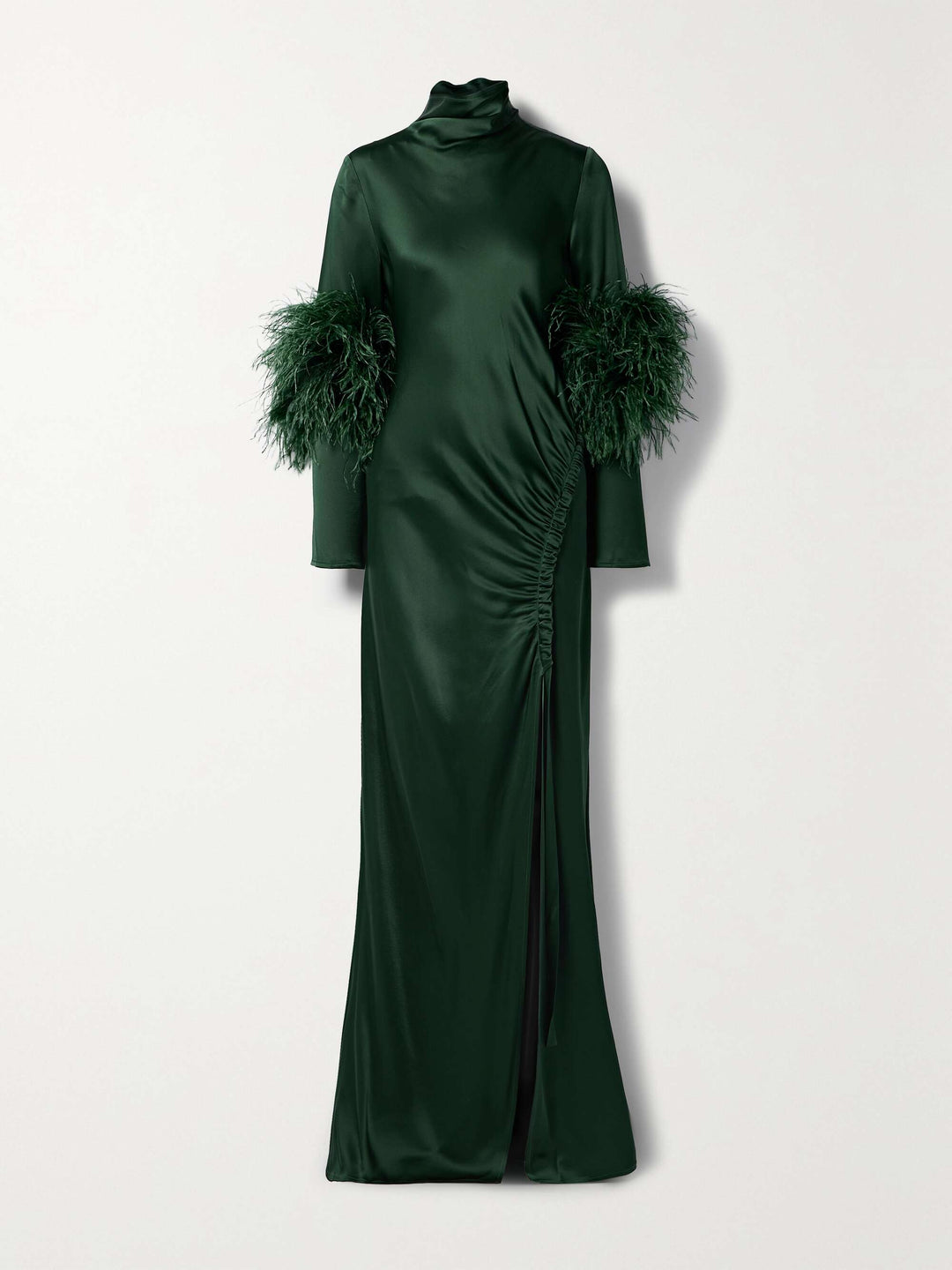satin gown with feather cuffs and ruched slit – EMERALD FLAIR