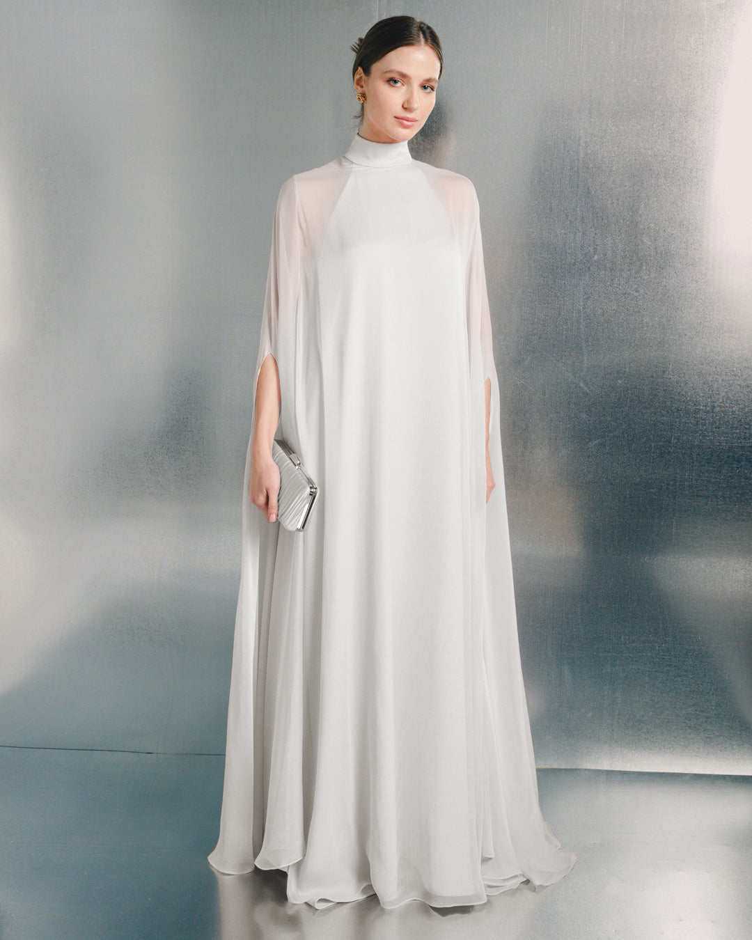 sheer cape maxi gown with high neckline – BLUSH