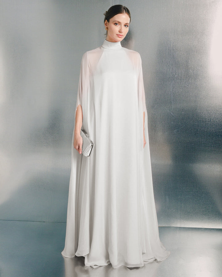 sheer cape maxi gown with high neckline – BLUSH