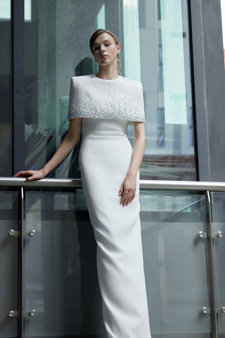embellished cape-detail column gown – QOLEII