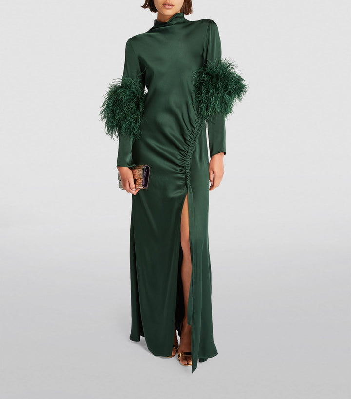 satin gown with feather cuffs and ruched slit – EMERALD FLAIR