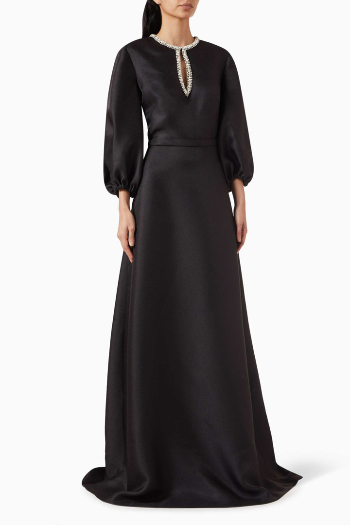 satin gown with embellished neckline and puff sleeves – DARIANA
