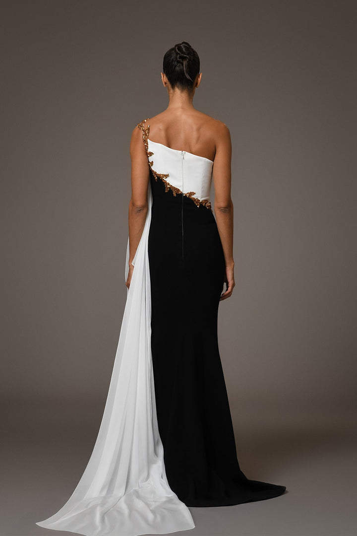 one-shoulder draped gown with gold embroidery – AURORAN