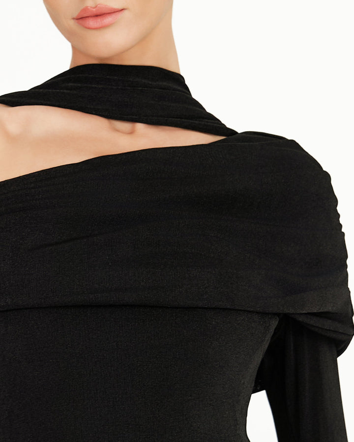 off-shoulder cape-sleeve column gown with pearl trim – NOIRELLE